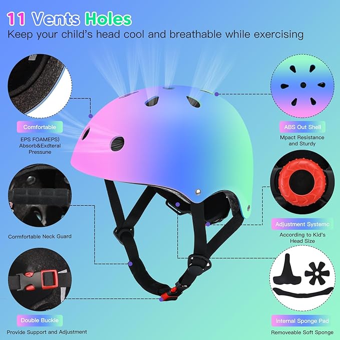 Color Gradient Adjustable Kids Bike Helmet Toddler Skateboard Helmets Boys Girls Child Ventilation Helmet for Multi-Sports Skating Cycling Scooter Balance