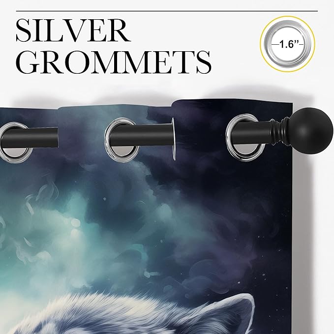 Forest Wildlife Blackout Curtains for Boys Girl Bedroom Decor,Blue Fantasy Starry Sky Howling Wolf Thermal Insulated Grommet Drapes Darkening Window Curtain for Living Room Home 84x84 inch