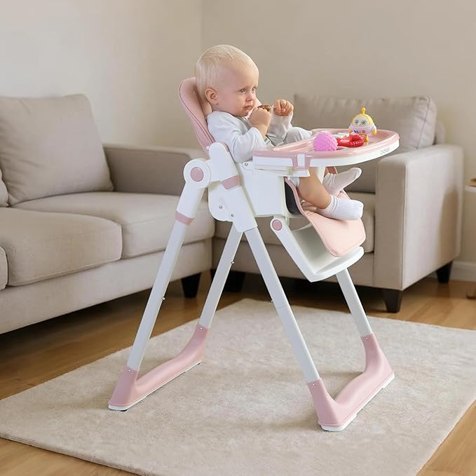 3-in-1 Foldable High Chair for Babies & Toddlers – Adjustable Height, Reclining Seat, 5-Point Safety Harness, Removable Tray, Lockable Wheels, Washable Cushion – Portable & Easy Clean, Pink