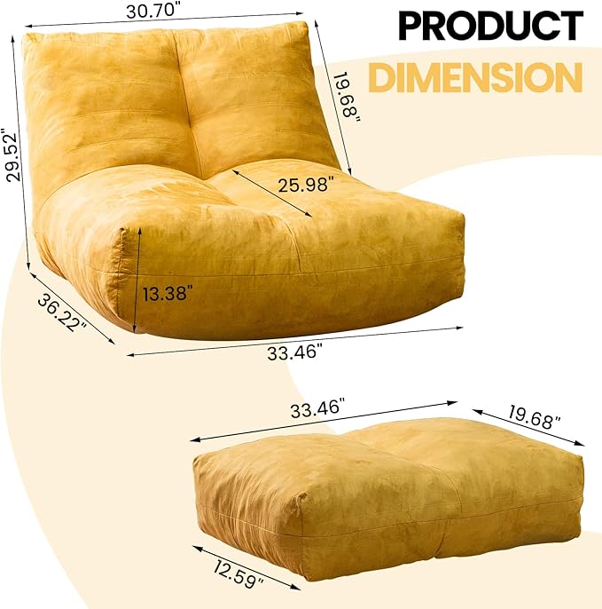 Bean Bag Chair with Ottoman, Comfy Bean Bag Sofa with Memory Foam, Lazy BeanBag Sofa with Footstool, Fireside Bean Bag Couch for Living Room, Bedroom, Apartment