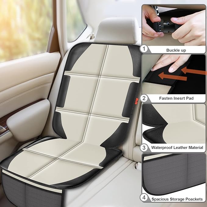 Car Seat Protector,2 Pack Car Seat Protectors Baby Carseat Waterproof Durable 600D Fabric for Child Baby Car Seat Mat Vehicle Pet Cover 2 Storage Pockets (2 Pack Beige)