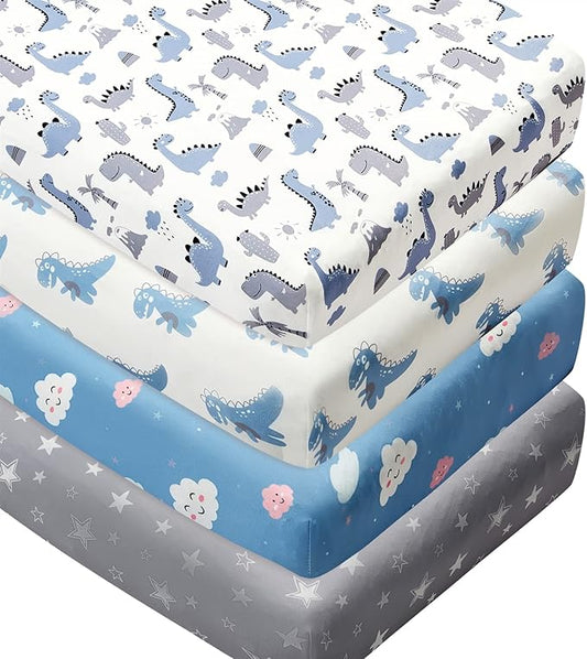 4 Pack Soft Baby Boy Crib Sheets for Standard Crib Mattress Dinosaur Star Cloud Soft Polyester Neutral Unisex Fitted Crib Sheets Set for Baby Boys