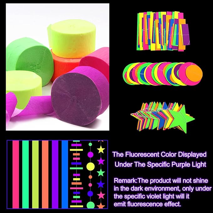 700ft Neon Paper Garland Glow in Dark Paper Streamers UV Reactive Round Dot Star Kit Banners for Neon Party Supplies, Wedding Decorations, Birthday Parties