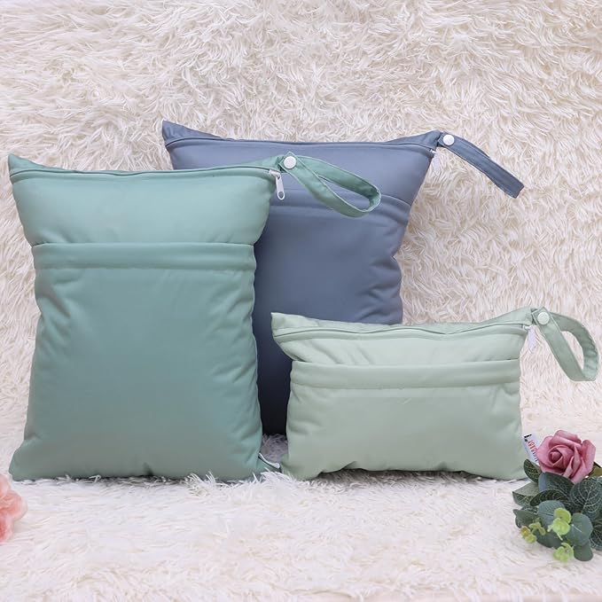 ALVABABY 3 Cloth Diaper Wet Dry Bags Waterproof Reusable with Two Zippered Pockets Travel Beach Pool Daycare Soiled Baby Items Yoga Gym Bag for Swimsuits or Wet Clothes Small medium Large3L-SML04