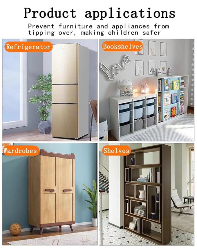 Furniture Anchors 4 Pairs No Drill Heavy Duty Anchors Fridge Lock Adjustable Self-Adhesive Safety Anti Tip Straps for Baby Proofing 220lbs Tension Earthquake Resistant Metal Straps Prevent Falling