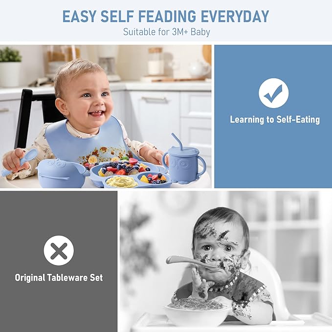 Baby Weaning Set, Silicone Baby Feeding Set(10 Pcs), Toddler Weaning Set with Adjustable Bib, Suction Bowl, Plate, Fork, Spoon, Water & Snack Cup Kit, Baby Led Weaning Kit for Babies and Kids