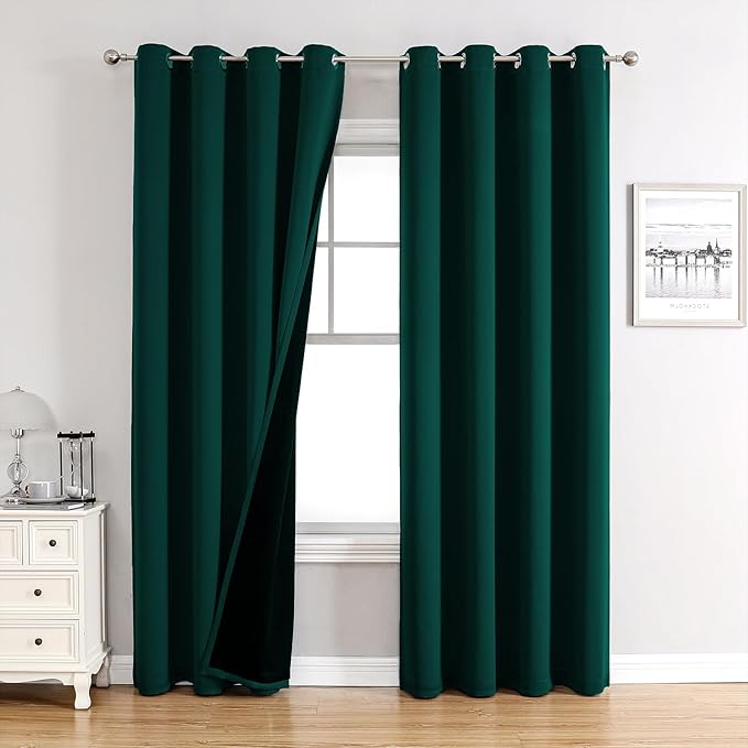 ChrisDowa 100% Blackout Curtains for Bedroom with Black Liner, 2 Thick Layers Total Blackout Thermal Insulated Grommet Window Curtains 2 Panels Set (Forest Green, 52 x 72 Inch)