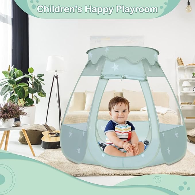 Baby Ball Pit for Toddler with 50 Balls, Kids Pop Up Play Tent for Girls, Princess Toys Gifts for Children Indoor & Outdoor Playhouse (Celadon: Gray/White/Babyblue, 109x90cm/50 Balls)