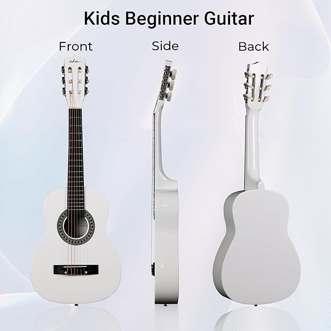 ADM Beginner Acoustic Classical Guitar Nylon Strings Wooden Guitar Bundle Kit for Kid Boy Girl Student Youth Guitarra Online Lessons with Gig Bag, Strap, Tuner, Picks (30 Inch, White)