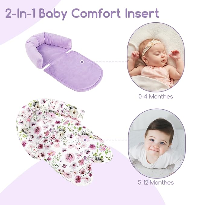 GFU Baby Car Seat Head Support for Newborn, 2 in 1 Infant Car Seat Head Body Support with Strap Pads, Soft Stroller Cushion Pillow Insert for Girls and Boys, Fits for Stroller, Swing, Purple Floral