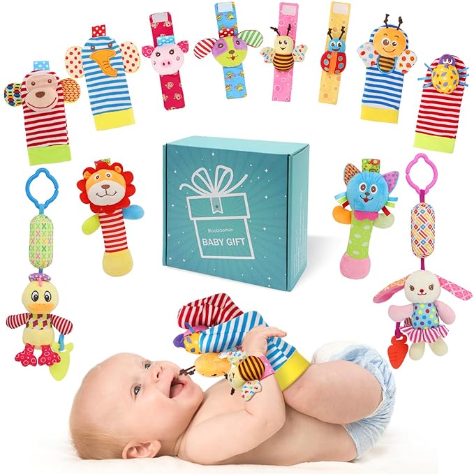 Baby Rattles & Socks - Wrist & Ankle Rattle Toys, Hanging Rattle, Activity Gift for Infants (12 B)