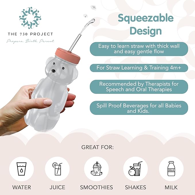 Honey Bear Straw Cup for Babies, 8oz Honey BearCup with Bottle Brush, 2-Pack Improved Lid Therapy Learning Honeybear Straw Cup for Baby Blueberry Pie & Firetruck