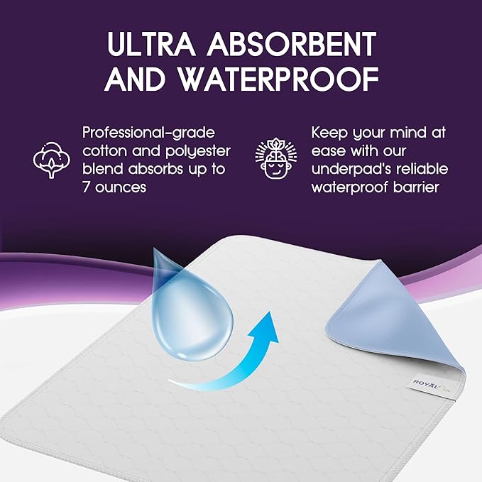 Incontinence Bed Pads - 2 Pack 34"x 52" Reusable Waterproof Mattress Protectors - Highly Absorbent, Machine Washable - for Children, Pets and Seniors - Blue - Royal Care