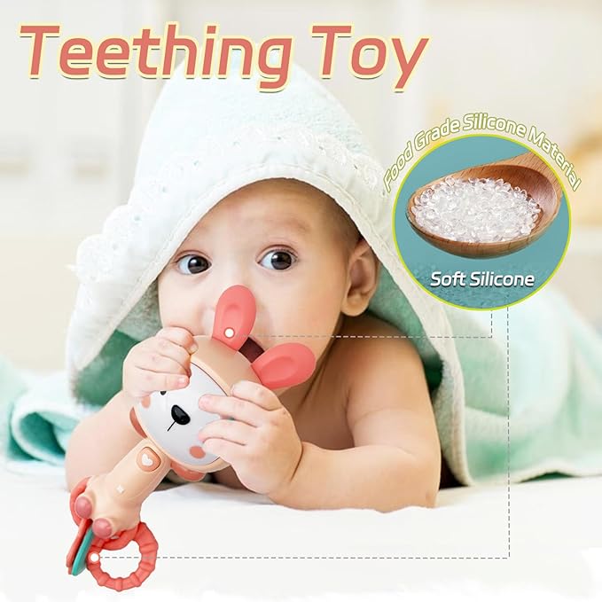 Baby Music Rattle, Teething Toys for Infants 6-12-18 Months Toddlers, Light-Up & Chew Sensory Toys for Baby Boy Girl Gifts (Rabbit)