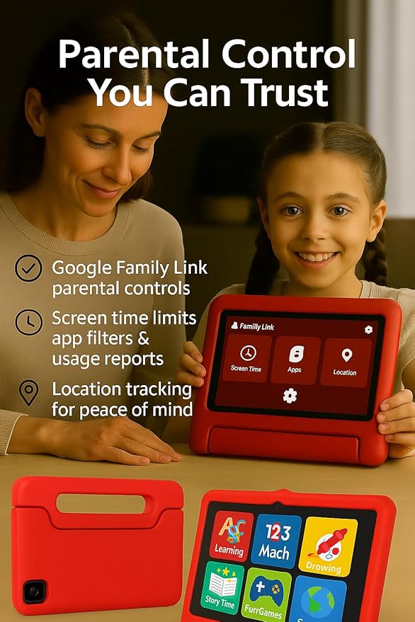 10.1 Inch Kids Tablet with Shockproof Case | Android 14, 64GB+8GB RAM, 12H Battery | Parental Control, Google Kids Space & Preloaded Educational Apps | WiFi 6, HD Display, Ages 3-12