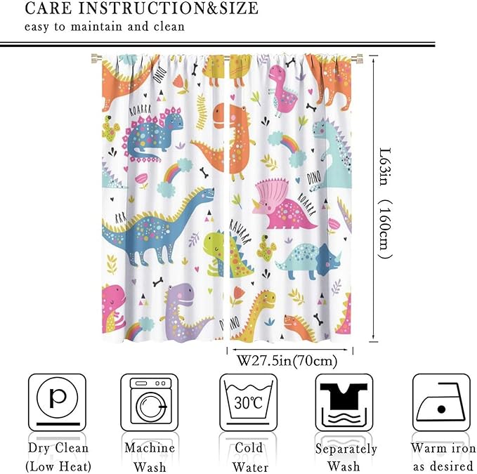 Cartoon Dinosaur Curtains for Kids Boys Girls Home Decor Childish Cute Dino Animals Print Pattern Rod Pocket Blackout Window Drapes for Nursery Baby Bedroom Playroom W27.5xL63in 2 Panels