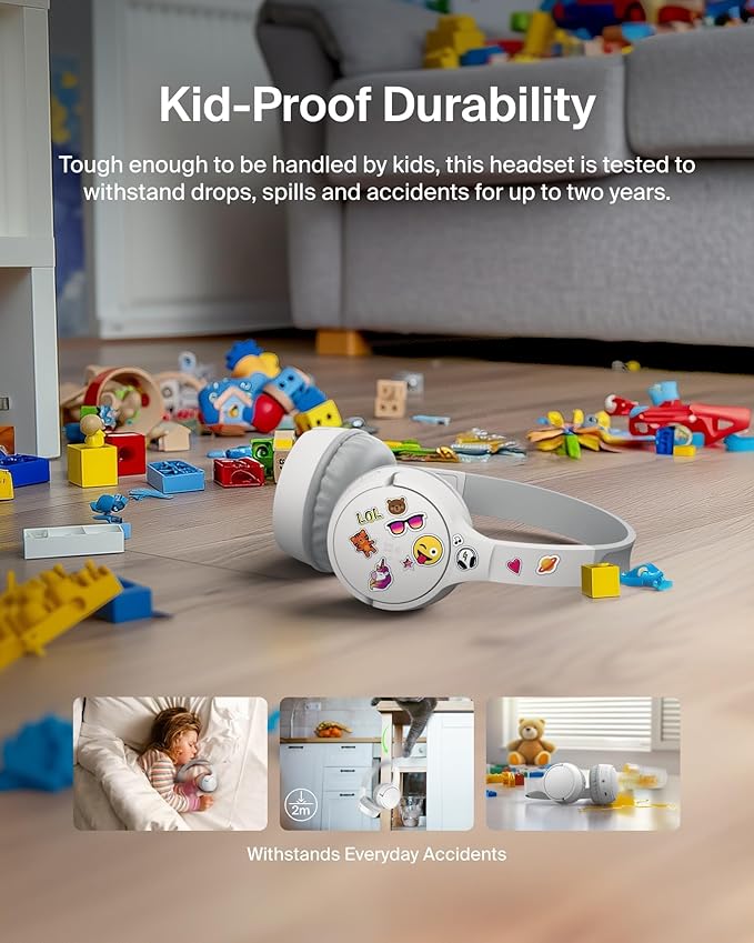 Belkin SoundForm Mini - Wireless Bluetooth Kids Headphones, 30H Battery, 85dB Safe Volume Limit, Built-in Microphone - Toddler On-Ear Earphones for iPhone, iPad, Fire Tablet, Ideal for School - White