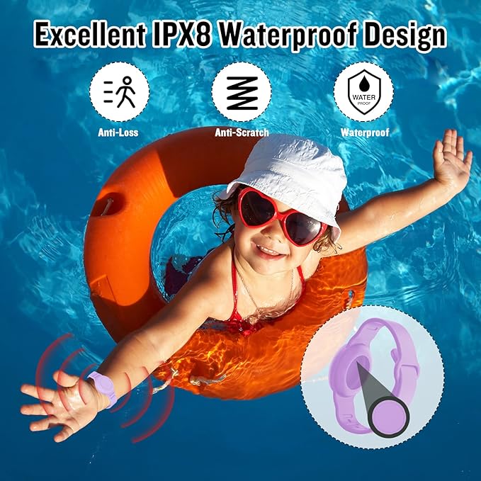 2 Pack Waterproof Bracelet for AirTag Kids, Hidden Silicone Wristband for AirTag, GPS Tracker Case for Air Tag Holder Strap for Child Toddler, Secure Anti-Loss Protection(Purple Black)