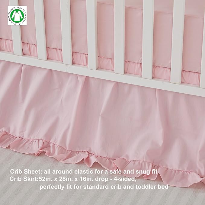 Brandream Farmhouse Crib Bedding Sets for Girls and Boys | 3 Piece Nursery Set Pink Ruffles | Baby Comforter, Fitted Crib Sheet, Crib Skirt Included,100% Cotton Percale