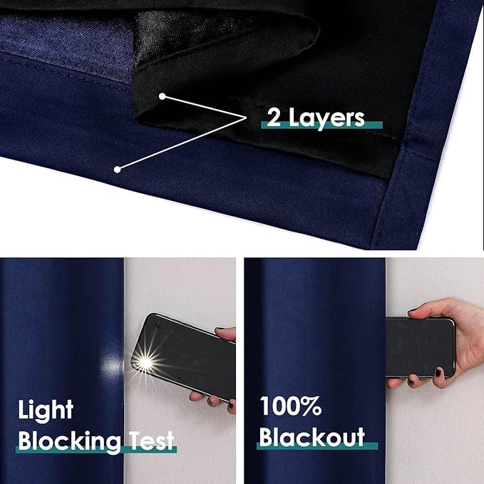 ChrisDowa 100% Blackout Curtains for Bedroom with Black Liner, 2 Thick Layers Total Blackout Thermal Insulated Grommet Small Window Curtains 2 Panels Set (Navy Blue, 42 x 45 Inch)