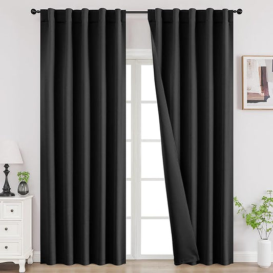Joydeco Blackout Curtains for Bedroom, Black Out Curtains 108 Inch Long, Room Darkening Noise Reducing Wrinkle-Free Drapes, Black Curtains with Rod Pocket Back Tab 2 Panels (W52 x L108 Inch)