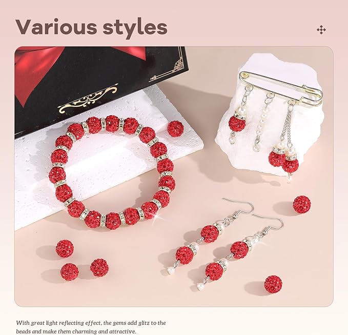 105pcs 10mm Rhinestone Beads for Jewelry Making, Red Shiny Round Disco Ball Beads Bulk, Sparkle Crystal Clay Christmas for Bracelet Baseball Necklace Earring Crafting and DIY
