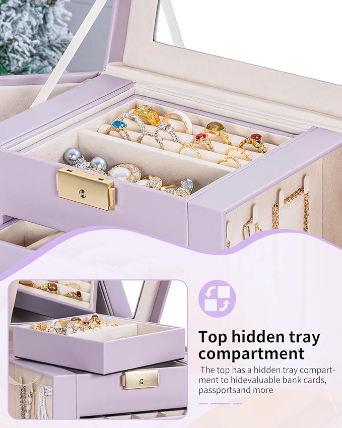 AKOZLIN 5-Tier Jewelry Box Leather Jewelry Storage Organizer with 4 Drawers Lockable for Women Girls Ring Necklace Earring Bracelet Watches Holder with Mirror Purple