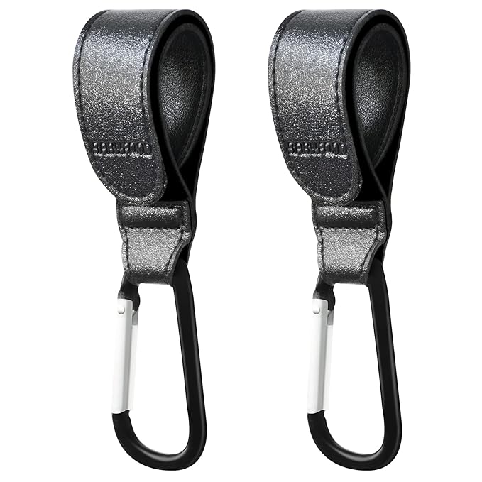 Stroller Hooks for Hanging, 2 PCS Durable Leather Style Stroller Clip Straps, Baby Stroller Hooks for Diaper Bags Grocery Shopping Bags, Mommy Hook for Stroller (Black)