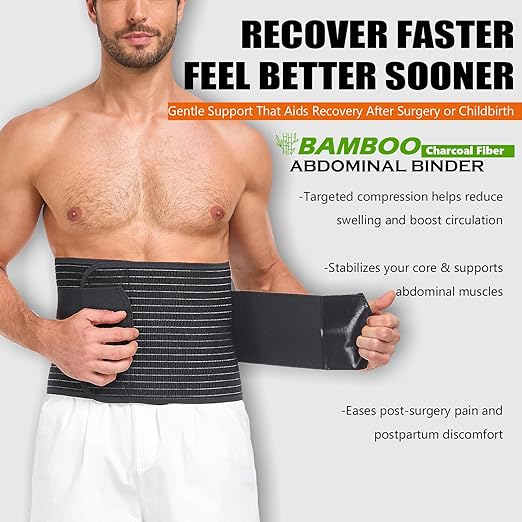 Abdominal Binder for Men and Women – Post Surgery & Postpartum Recovery Hernia Support Belt Waist Trainer for Men Adjustable Compression Wrap (Black,L)