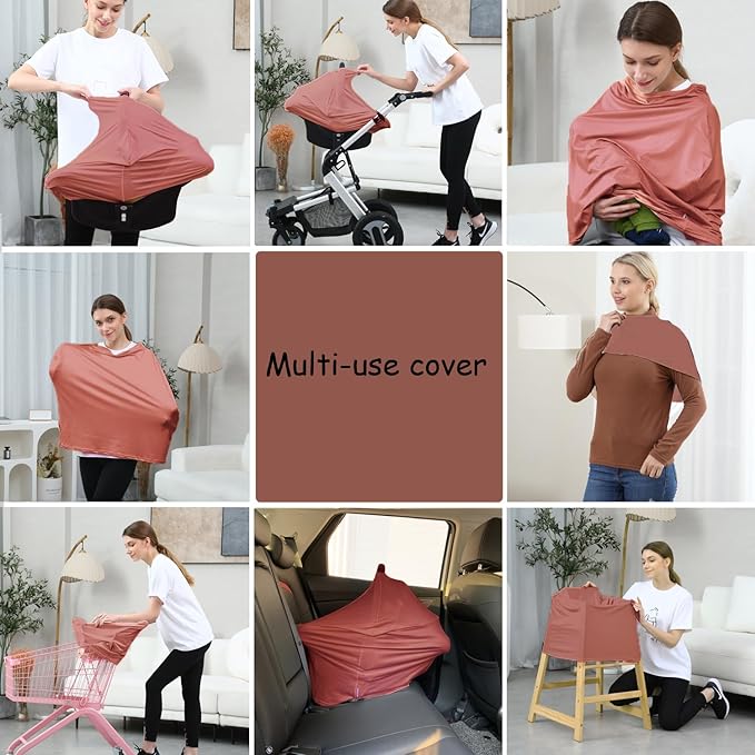 Car Seat Cover Baby for Nursing, Baby Breastfeeding Cover Carseat Canopy Covers, Solid Color Multi-use Nursing Cover for Babies (Bronze red)