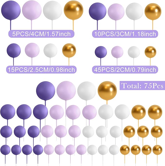 75 Pieces Cake Balls Topper Decorations Foam Cupcake Topper Mini Balloon Balls Cake Picks for Deco Birthday Party Wedding（Purple, Light Purple,Gold, White）