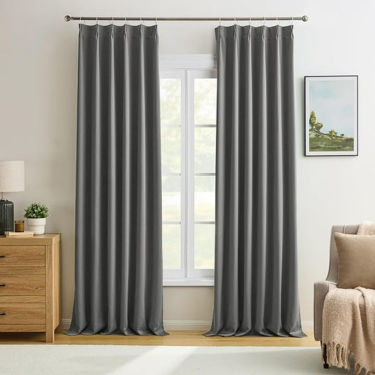 KEQIAOSUOCAI Grey Pinch Pleat Curtains & Drapes 132 Inches Long 2 Panels Set, Privacy Darkening Sound Dampening Window Treatment for Bedroom Vertical Draft Blackout Blinds for Living Room 40 by 132