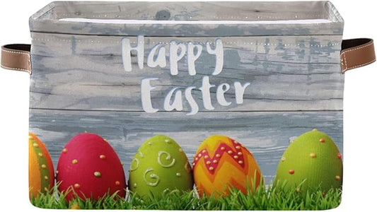 Happy Easter Eggs Storage Basket Cube Storage Bins Organizer Bag Collapsible Closet Shelf Baskets with handle for Baby Cloth Pet Toy Book 14.2×10.2×8.3 IN