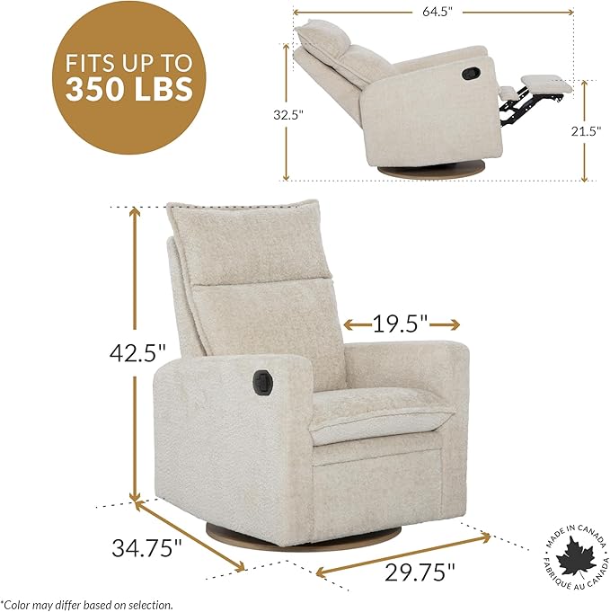 Jaymar Arya Modern Nursery Glider Recliner Chair – Cozy Nursing Chair with 360° Swivel for New Parents, Gentle Motion, Compact Design, High Back & Low Armrests, Canadian Made (Pearl/Puppy Fabric)