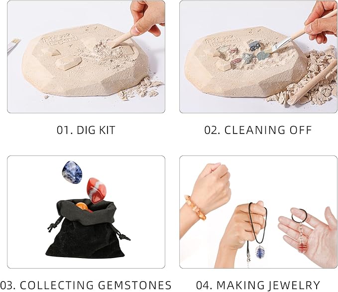 12PCS Gemstone Dig Kit for Kids – Dig Up Gems & Make Necklaces, Bracelets, Keychains – STEM Crystal Jewelry Craft Kit with Safety Goggles – Gift for Girls & Boys Ages 6 7 8 9 10 11 12
