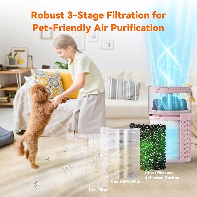 AIRROMI Air Purifier for Bedroom with HEPA 3-in-1 Filter, Pet Air Purifier for Home Cat Pee Smell, Covers Upto 990 Ft², Quiet 360° intake Air Cleaner for pet hair,allergies,Dust,Smoke A2001 Pink