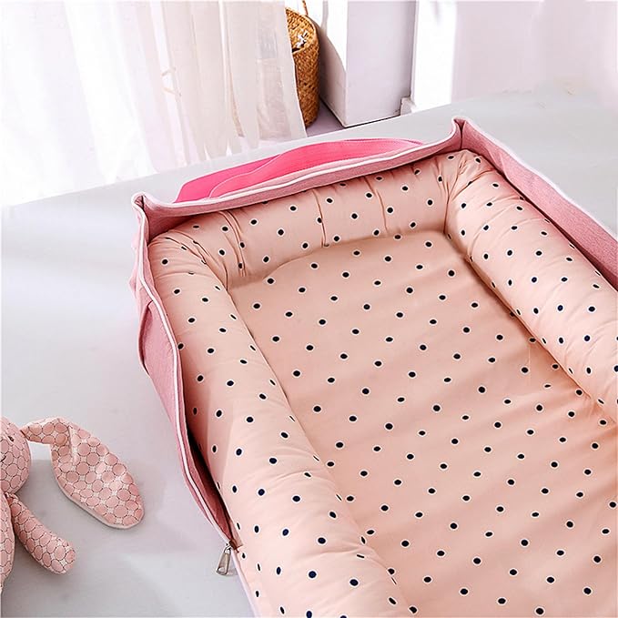 Baby Lounger for Newborn Portable Bag,Baby Nest Play Gym mat with Strap,Newborn Lounger Adjustable Size & Inner Zipper Lengthen Space to 24 Months(Pink Polka Dots)