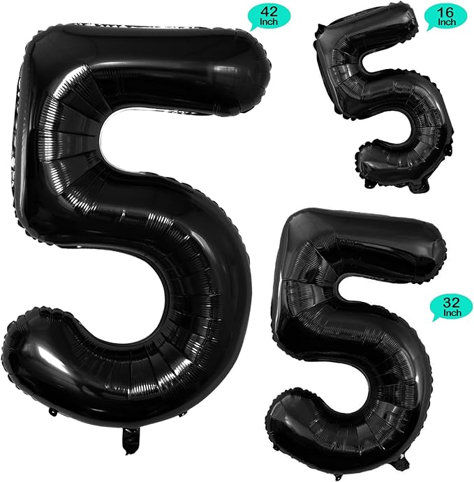 GOER Black Foil Balloons Number 5,Huge Number Balloons for 5th 15th 25th 35th 45th Birthday Party Supplies Anniversary Decorations (3 pcs,42 inch,32 inch,16inch)