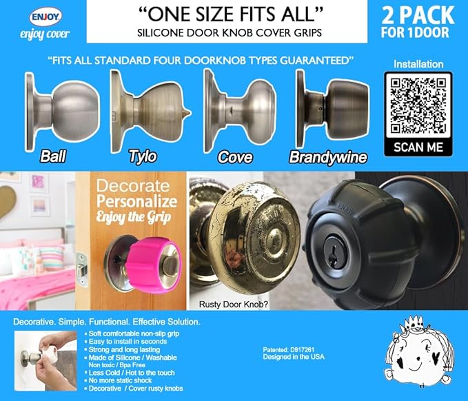 Enjoy Cover - 2 Pack Silicone Door knob Grips Maximum Grip Nonslip Arthritis & Senior Living Aids Grippy Easy Open Fits All Door Knob Universal Size Decorative (Foggy Clear)