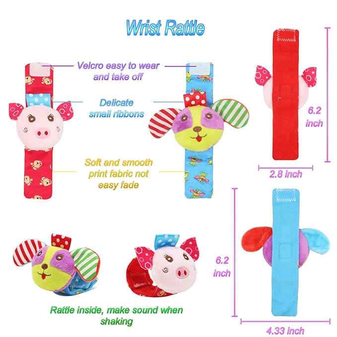 BLOOBLOOMAX Wrist Rattles Foot Finder Rattle Toy for 0-4 Months Baby, Feet Leg Ankle Socks Arm Hand Bracelet Shaker for 4-8 Months Infant boy & Girl, Gift Set for 0-1 Years Newborn Babies (5 pcs-B)