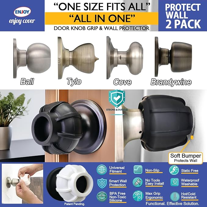 Enjoy Cover | Door Handle Grip Doorstop Knob Stopper Cover, Set of 2 Door Knob Grips Universal Size Protects Walls from Dents and Damage (Black)