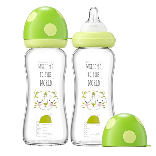YOHKOH Natural Glass Baby Bottle with Natural Response Nipple, Newborn Anti-Colic Baby Bottles, Wide Neck Mushroom Cap Baby Bottle, Clear (8.8ounce (Pack of 2), Green1)