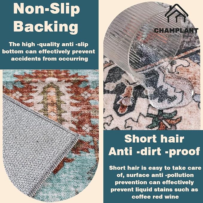 Area Rug 10'x14' Washable Vintage Traditional Mat Distressed Indoor Foldable Thin Retro Accent Floral Print Non Slip Carpet for Living Room Dining Room Office Large Rugs