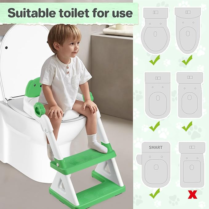 2 In 1 Potty Training Toilet Seat & Toddler Step Stool, Bottom Triangle Stability Toddler Toilet Seat, Adjustable Step & Seat Height Potty Seats (Green)