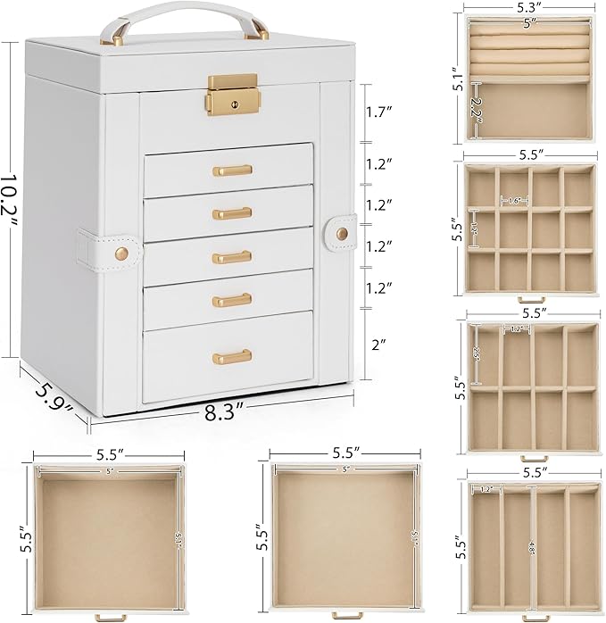 AKOZLIN 6-Tier Jewelry Box Lockable Leather Jewelry Storage Case with 5 Drawers for Women Girls Ring Necklace Earring Bracelet Holder Organizer with Mirror