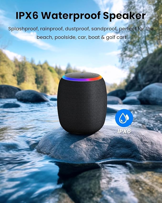 Bluetooth Speaker, Portable Wireless Bluetooth 5.3, 15W Clear Bass, IPX6 Waterproof, LED Lights, AUX/TF/USB, Dual TWS Pairing, 12H Playtime, Small Speakers for Home Outdoor Beach, Ideal Gift