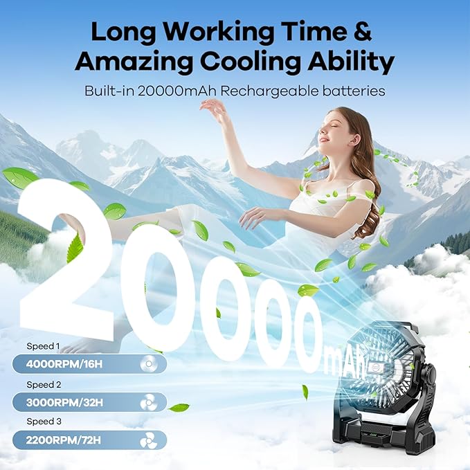 20000mAh Portable Battery Powered Camping Fan - with LED Light, Quiet Battery Operated, Camping Gear for Travel, Tent, Beach, Car or Hurricane Power Outages, Black