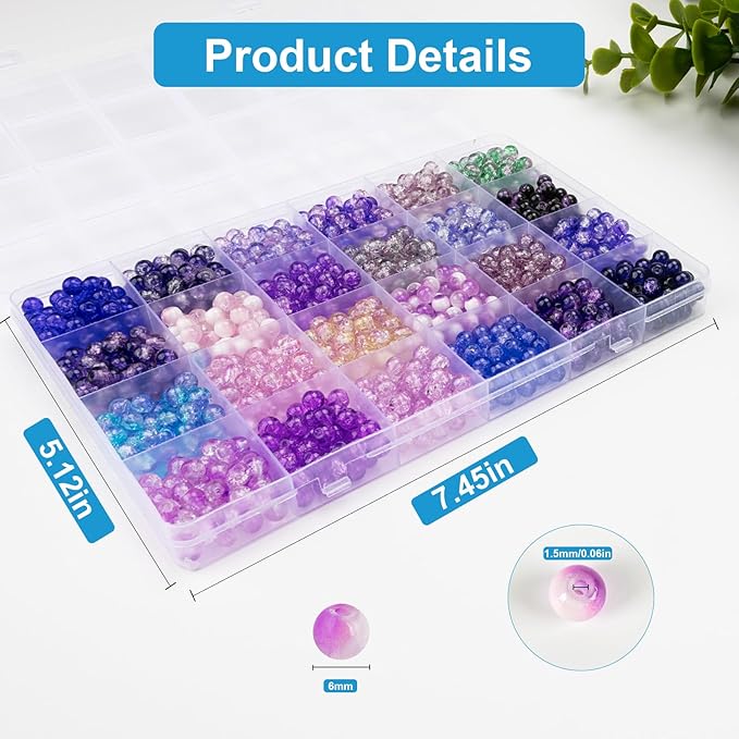 About 1200PCS 6mm Crack Glass Beads,24 Assorted Crack Violet Purple Series Colorful Crystal Beads for Bracelet and Jewelry Making and DIY Crafts,Friendship Bracelets