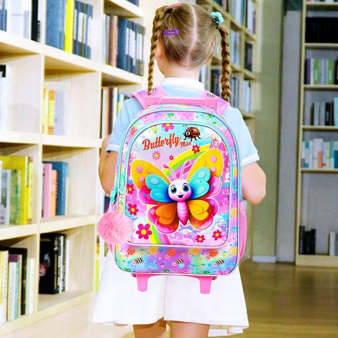 gxtvo Girls Rolling Backpack, Cute Butterfly Roller Wheels Kids Bookbag - Wheeled Elementary School Bag - 3PCS Butterfly