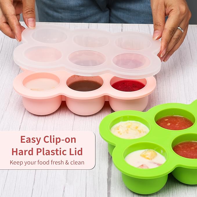 6x3oz Baby Food Freezer Tray with Clip on Lid Gossamer Pink | Leakproof Freezer Molds Silicone Storage Container for Purees Fruits Vegetables